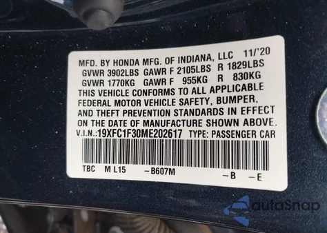 2021 Honda Civic Ex from USA, damaged, VIN 19XFC1F30ME202617